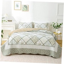 Patchwork Quilt Set Size, 3 Pieces Floral Plaid Bedspreads Queen Gray Green