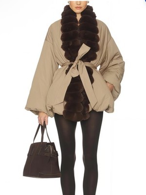 Miss Rosier Ileana Khaki Fur Trim Bubble Down Jacket size large