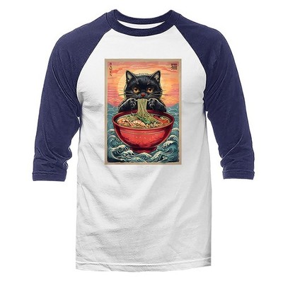 Kawai Cat Eating Ramen Noodle-Japanese Anime Manga 3/4 Sleeve Raglan
