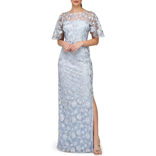 JS Collections Silver Azure Blue Brooke Floral Embroidered Gown Size 6 $278