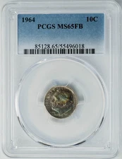 1964 Roosevelt Dime 10c MS65FB PCGS ~ Color! 949875-16
