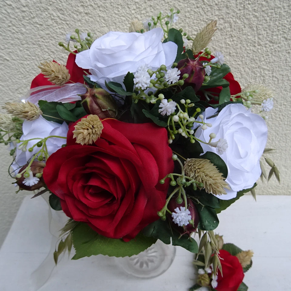 Brautstrauß Hochzeitstrauß Rose weiß rot mit Anstecker Blumenstrauß Strauß Braut - Bild 3 von 4