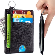 RFID Blocking Genuine Leather Slim Wallets Front Pocket Id Card Holder Keychain
