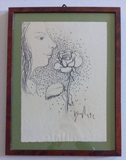 Disegno grafite su carta ritratto e rosa Enrico Benaglia 1992 dim. 24,5x35,0 cm