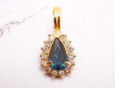 Vintage Roman Teardrop Blue Crystal Gold Tone Pendant Costume Jewelry Necklace