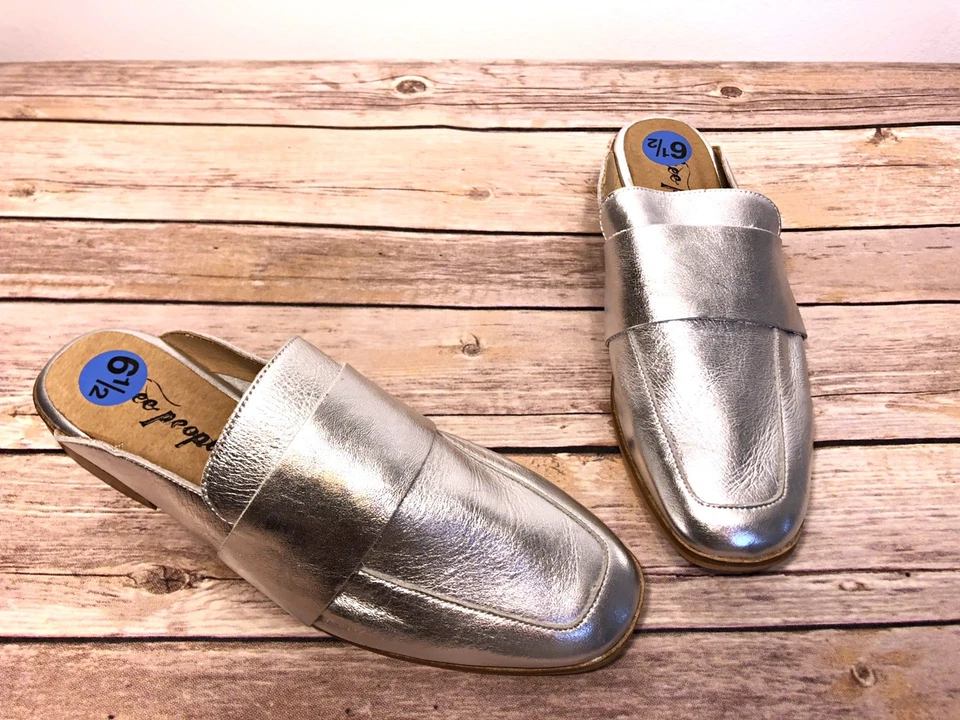 NWOB Free People At Ease Mule Loafer Slip On Shoes Silver 6.5 7.5