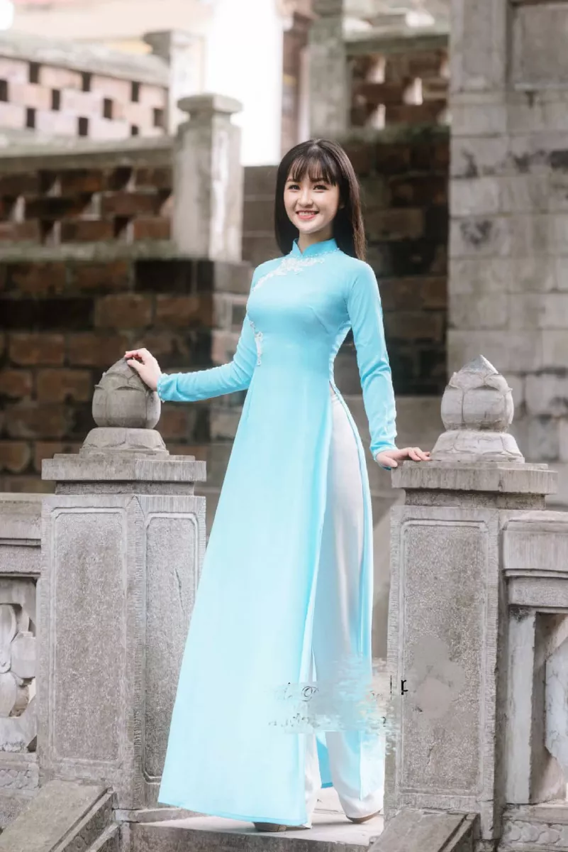 Blue Authentic Traditional Vietnamese Dress Ao Dai Handmade Rare 4 Layer