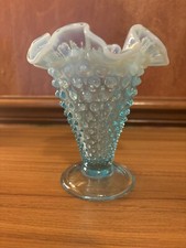 Fenton Art Glass 6 Aqua Blue Opalescent Hobnail Ruffled Trumpet Vase
