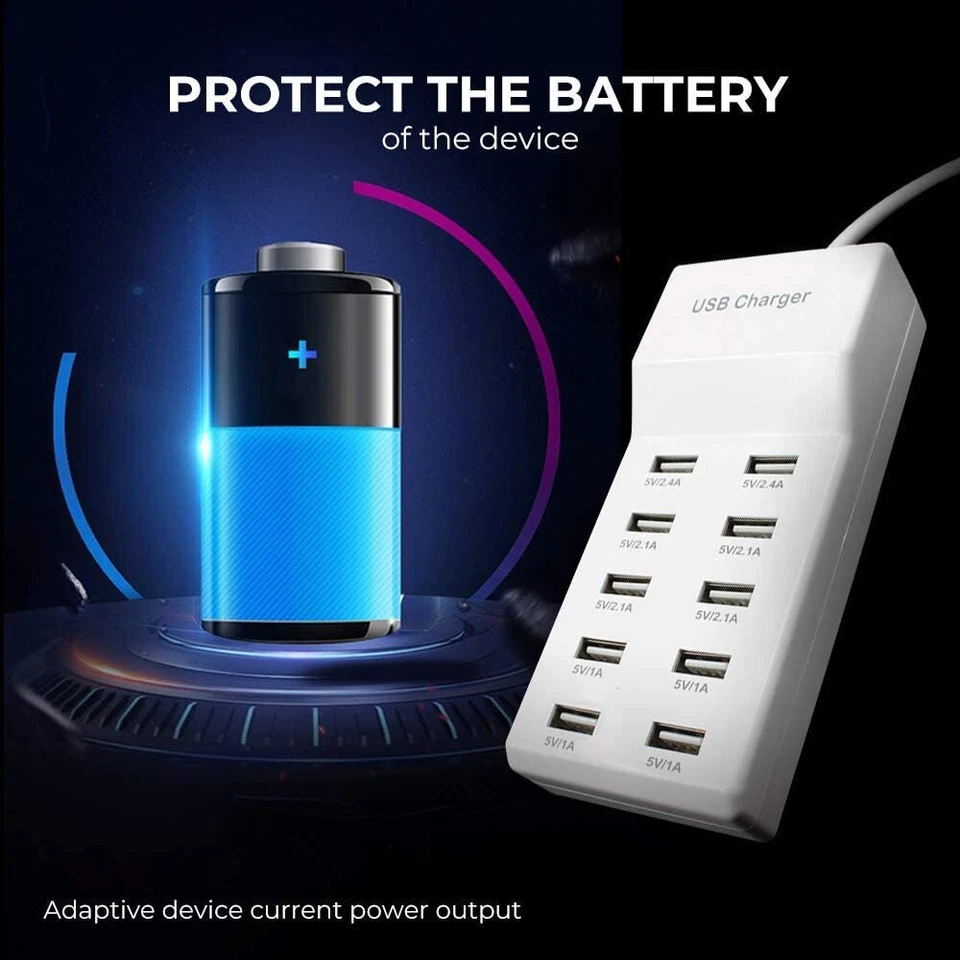 10 Ports USB Charger 2x2.4A 4x2A 4x1A Fast Charging Station US/EU/UK/AU Plug - Image 3 of 4