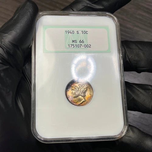 MS66 1940-S 10C Mercury Silver Dime, NGC- Old Fatty Holder, Rainbow Toned