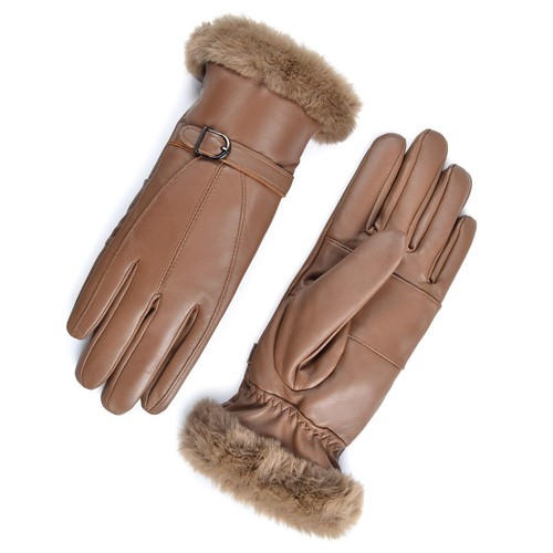 Leather Gloves Women's Winter Thermal Dress Gloves Fur Lined SL022US,Cognac,S... - Bild 2 von 4