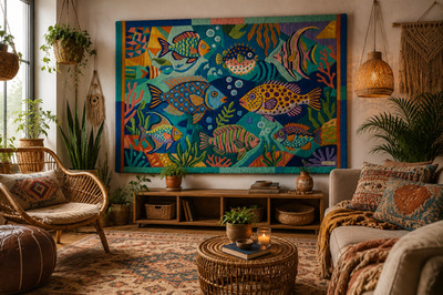 Hand Tufted Fish Rug Colorful Ocean Wall Hanging Wool Area Rug Boho Decor