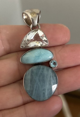 Vintage sterling silver faceted Aquamarine Larimar Topaz pendant signed IN 925 - Picture 3 of 9
