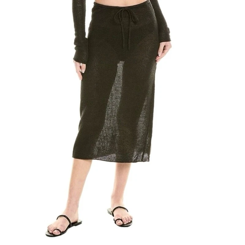 Onia Black 100% Linen Knit Crochet Low Rise Semi Sheer Pull On Midi Skirt S