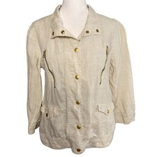 Chico's Linen Utility Jacket Women Size XS/Small Beige Oatmeal Safari Gold Snap