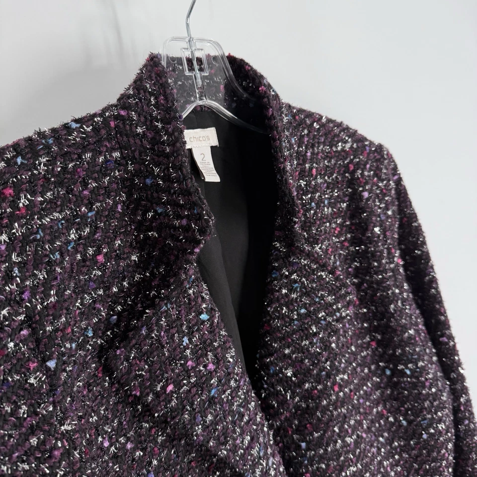 Blazer Chicos Talla 2 Ciruela Boucle Tweed Metálico Brillo Frente Abierto Mujer Grande Foto 2 de 4