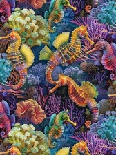 "Oceana" Reef Seahorses,Sea Life Fabric! 100% Cotton•1 yd BTY•GORGEOUS!Fast Shi