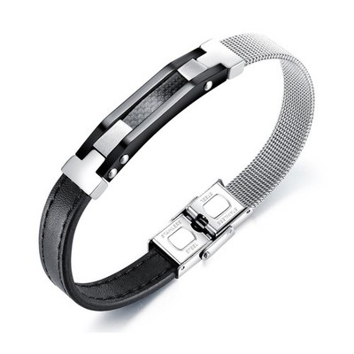 Armband Herren Damen 23cm Schwarz Silber Edelstahl Geschenk Schmuck Stahl Leder