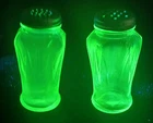 Vtg. Hazel Atlas Uranium Glass Green Salt & Pepper Shakers