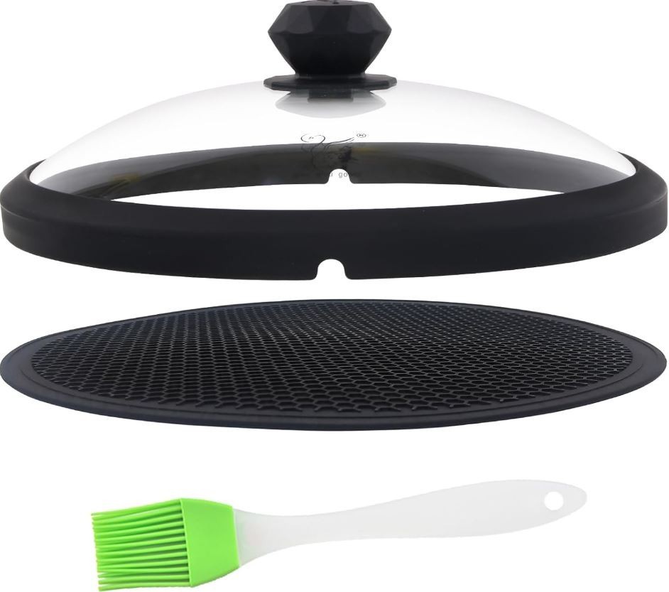 Glass Microwave Cover for Food 10.5inch Splatter Lid with Easy Grip Handle Black