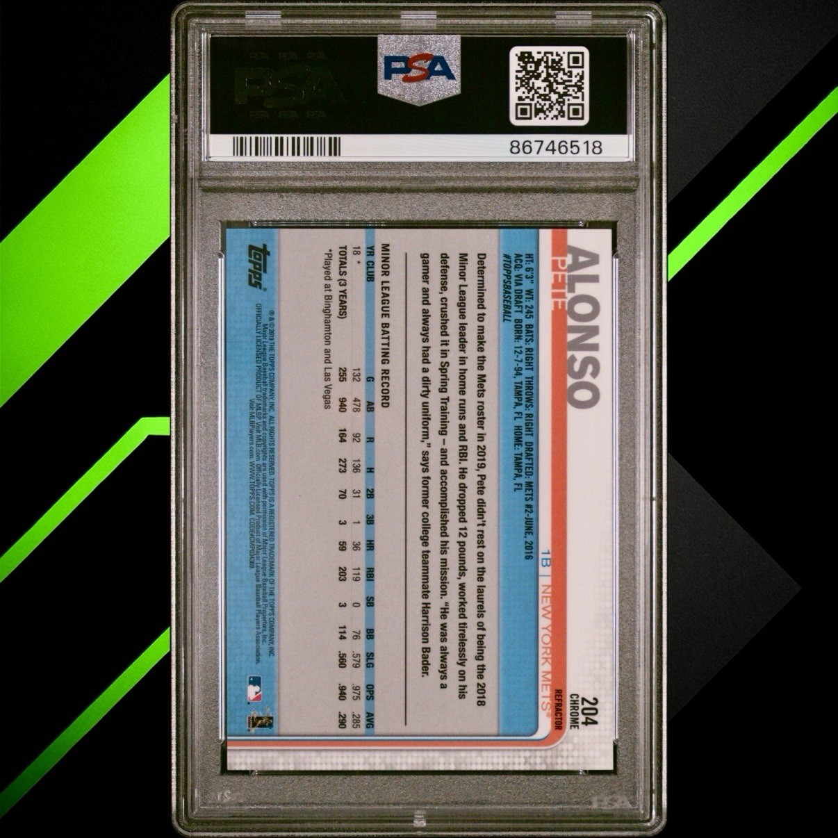 PSA 10 PETE ALONSO 2019 TOPPS CHROME #204 SEPIA REFRACTOR ROOKIE RC METS view 2