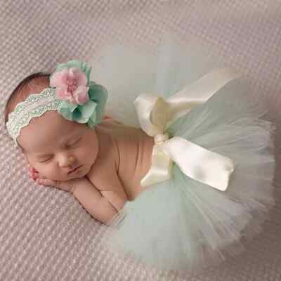 Newborn Outfit Baby Girl Set of 2 Tutu Skirt + Flower Head Band Photo Prop NEW