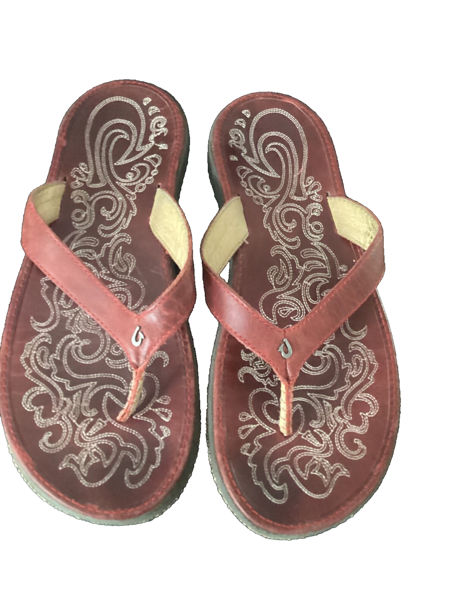 OluKai Paniolo Sandals Red Leather Beach Thong Flip Flops