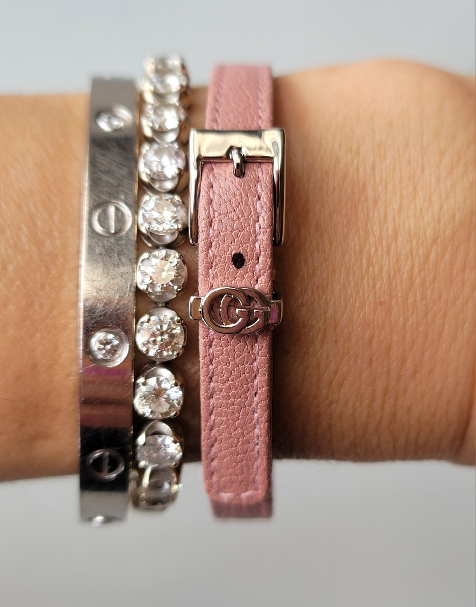 【GUCCI】 ダブル G レザー バックル ブレスレット PINK SILVER GUCCI Dusty Pink Leather Bracelet Silver GG Double G Buckle