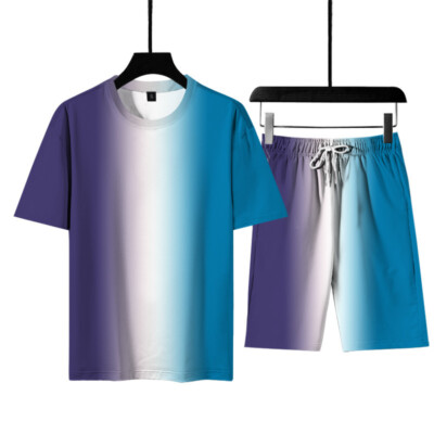 3D Print Gradient Color Beach Set Mens Thin Casual Short Sleeve Shorts 2PCS Suit