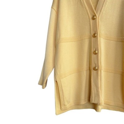 VINTAGE 80s ESCADA Yellow Wool Long Cardigan Sweater w/ Gold Metal