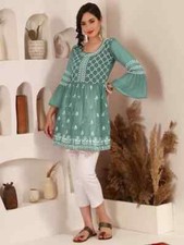 Indian Chikan Embroidery Georgette Flared Kurta Top Women Bollywood Tunic Kurti