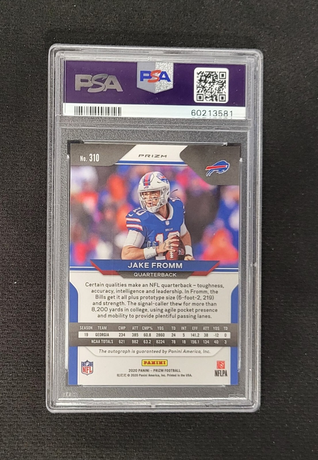 2020 Panini Prizm Jake Fromm FOTL Rookie Blue Shimmer Auto 06/25 PSA 9 view 2