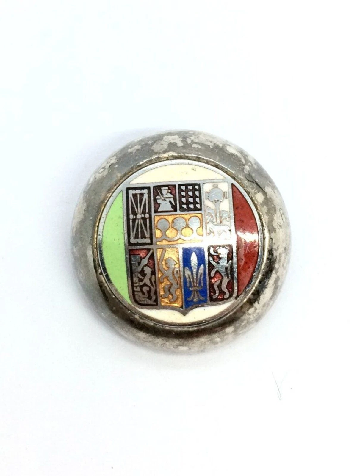 VINTAGE HERALDIC CREST Brooch Pin Enamel Shield Fleur De Lis Lion Round