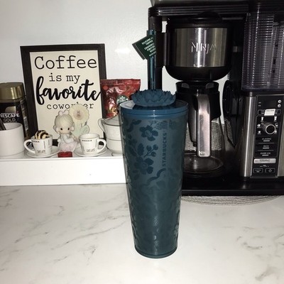 Starbucks Fall 2025 Navy Floral Cold Cup with Blooming Flower Straw Charm 24oz