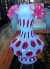 Vintage Fenton Coin Dot Cranberry Pink Glass Ruffled Large Vase 10.5"