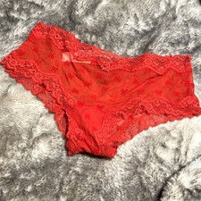 VICTORIA'S SECRET Tease Cheeky Panty VS Bow Print Red Mesh Lace Trim LARGE L
