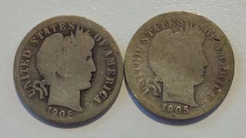 1905 Barber Dime Silver Lot of 2 Coins 10C Variety Circulated
