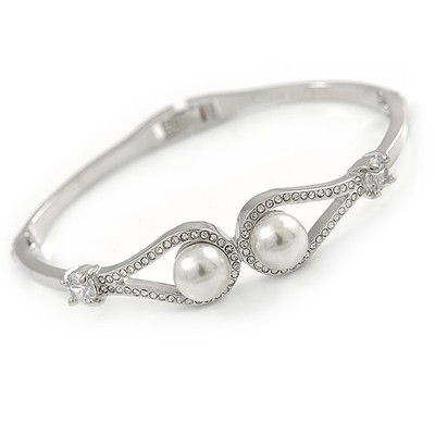 Eleganter Doppelschlaufe Glasperlen, klarer Kristall Armreif Armband in Rhodium