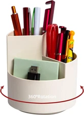 360 Degree Spinning Desk Pencil Pen Holder 3 Slot Organizer White