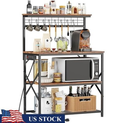 Kitchen Baker's Rack W/ Power Outlets 4-Tier Microwave Stand & S Hooks New