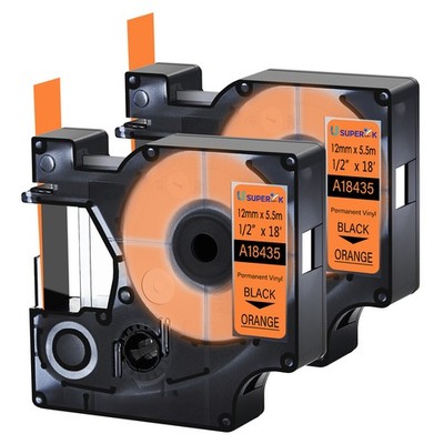2PK Black on Orange 18435 Vinyl Label Tape 1/2'' for Dymo Rhino 1000 5000 6000