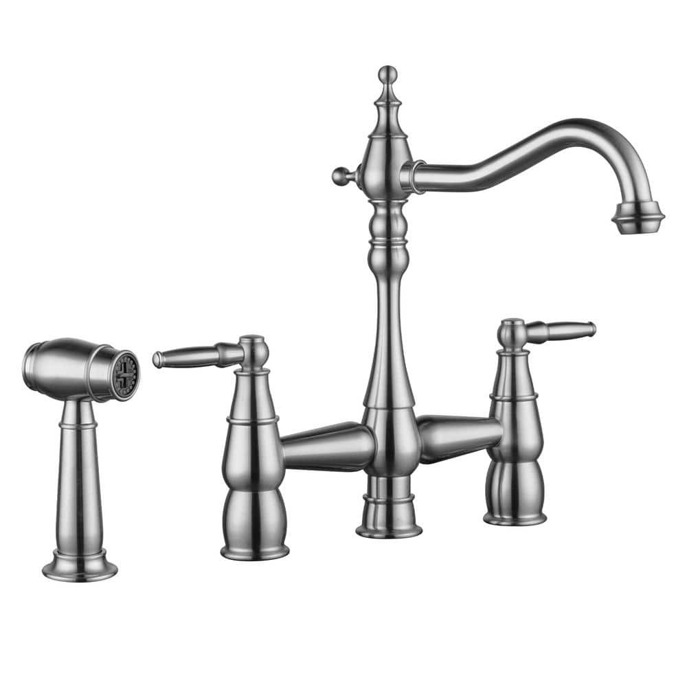 4 Hole Double Handle Bridge Kitchen Faucet with Side Sprayer Deck Mount