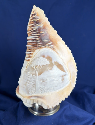 Vtg Italian Hand Carved Cameo Conch Shell Napoli Mt Vesuvius Volcano Signed