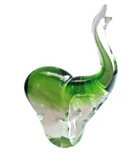 Art Glass Elephant  Vintage Green Murano Style  Figurine Trunk Up heavy 3 Lb 9"