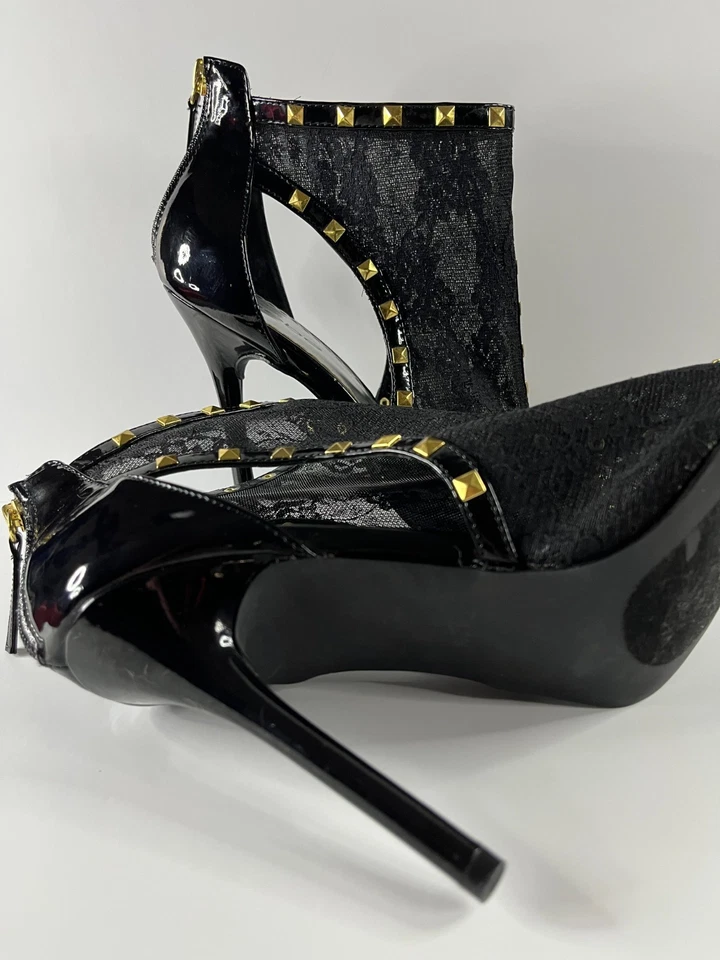 Botines de aguja Bebe negros de encaje dorado con tachuelas raros años 2000 glam rock diseñador Hee Foto 3 de 4