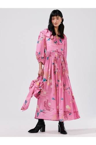 Hayley Menzies Charming Birds pink V-neck frill silk maxi dress size S small NWT
