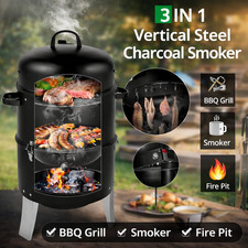 Vertical Steel Charcoal Smoker, Heavy Duty Double Layer Round BBQ Grill, Black