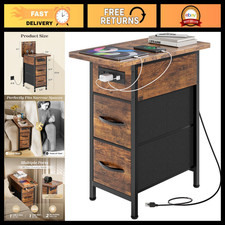 Narrow End Table with Charging Station 2 Drawers - Modern Side Table for Livin