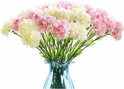 10 Bunches Bouquet of Artificial Silk Flower Carnations,Single White+pink 