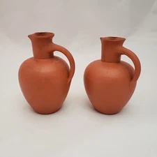 2 Red Clay Jugs Rustic Unglazed Applied Handle Ovoid Small 5" and 4 3/4" Pots